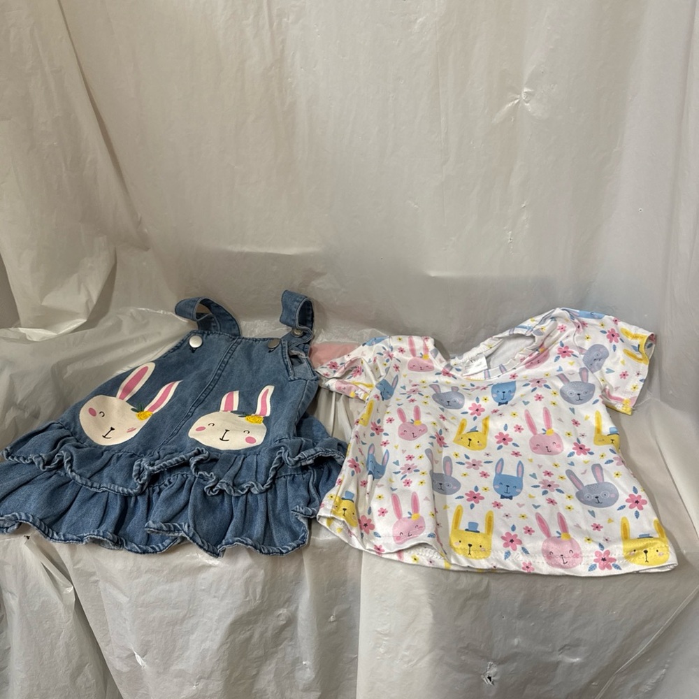 Casual Blue Denim Dress with bunnies and matching shirt.   Size 12-18 months